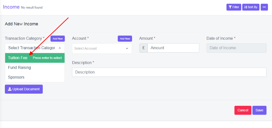 Transaction’s Category - Income – Front End View