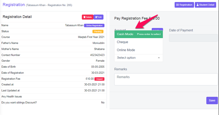 Payment Method - in Registration Pending Status – Payment Methods options
