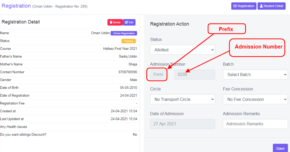 Admission Number Prefix