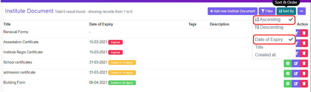 Ascending & Date of Expiry